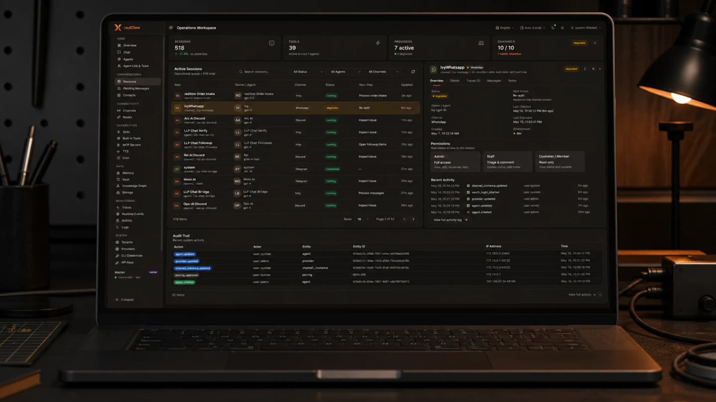Concept AI operations workspace displayed on a laptop in a dark technical studio.