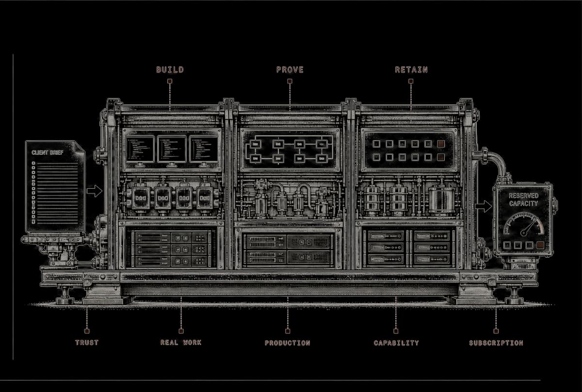 Technical drawing of one machine: a client brief enters at trust, runs through build, prove and retain bays labelled real work, production and capability, and leaves as reserved capacity held on a subscription.