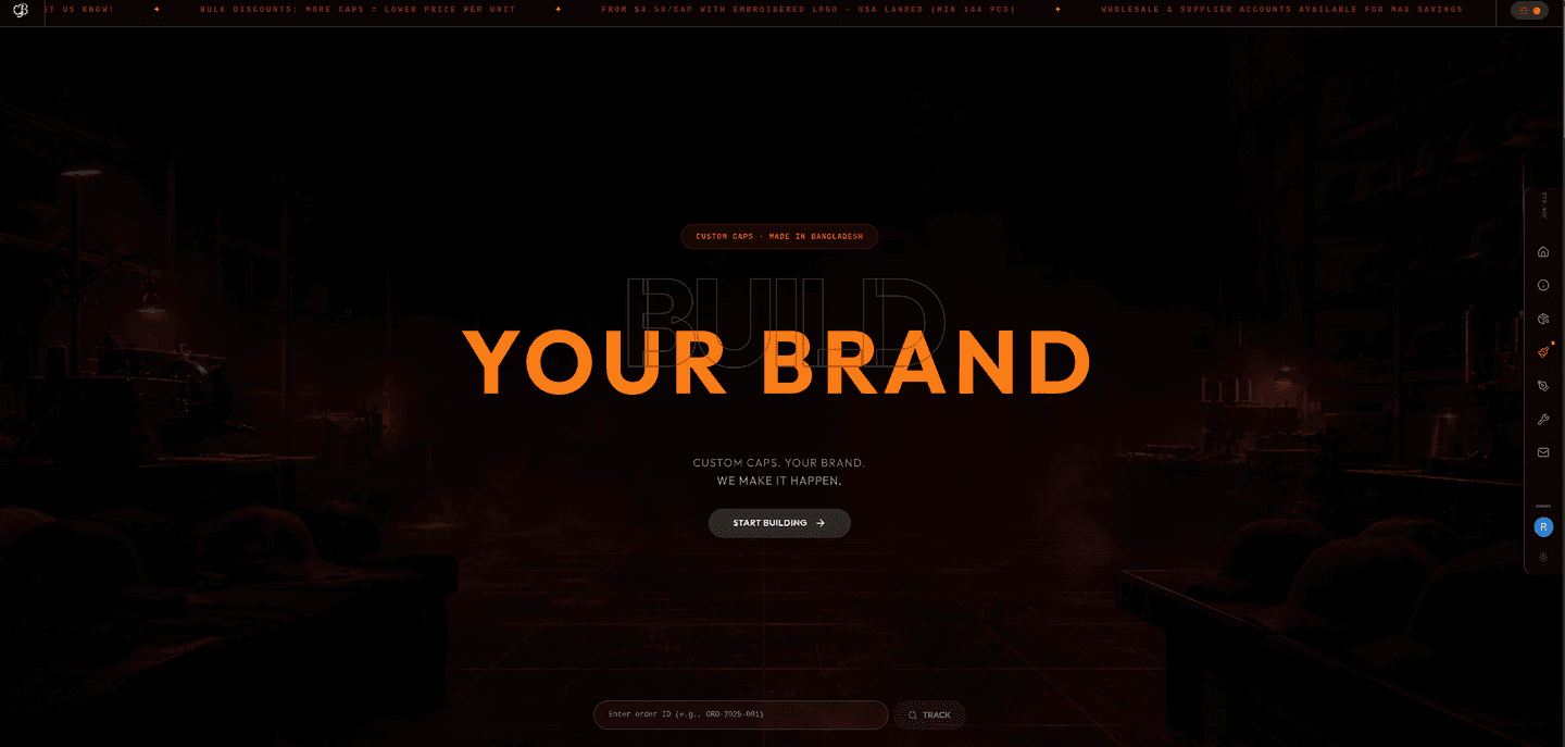 Custom Cap BD production storefront showing the Build Your Brand homepage.