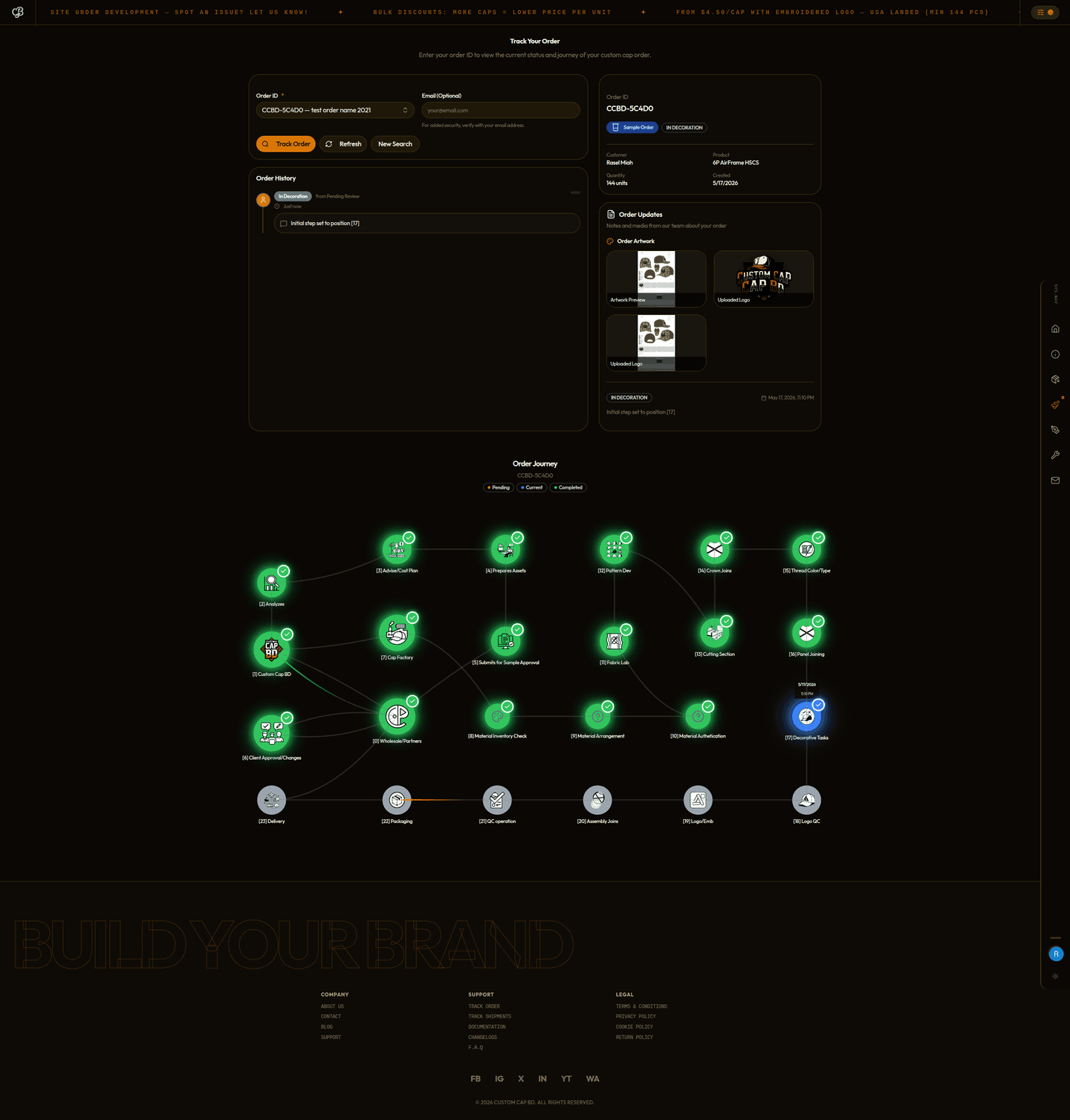 Custom Cap BD order tracking screen showing an order record moving through production status.
