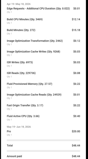 Redacted Vercel receipt lines showing build CPU minutes, build minutes and a total of $48.44.