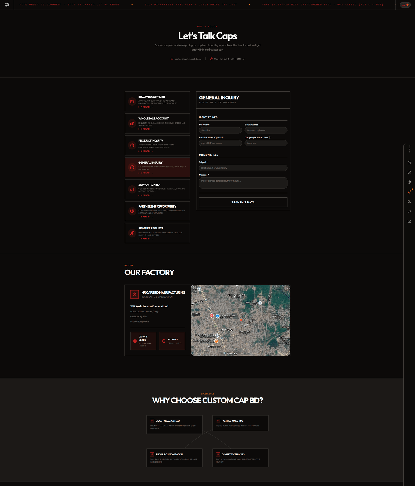 Custom Cap BD contact page with routed inquiry types and factory information