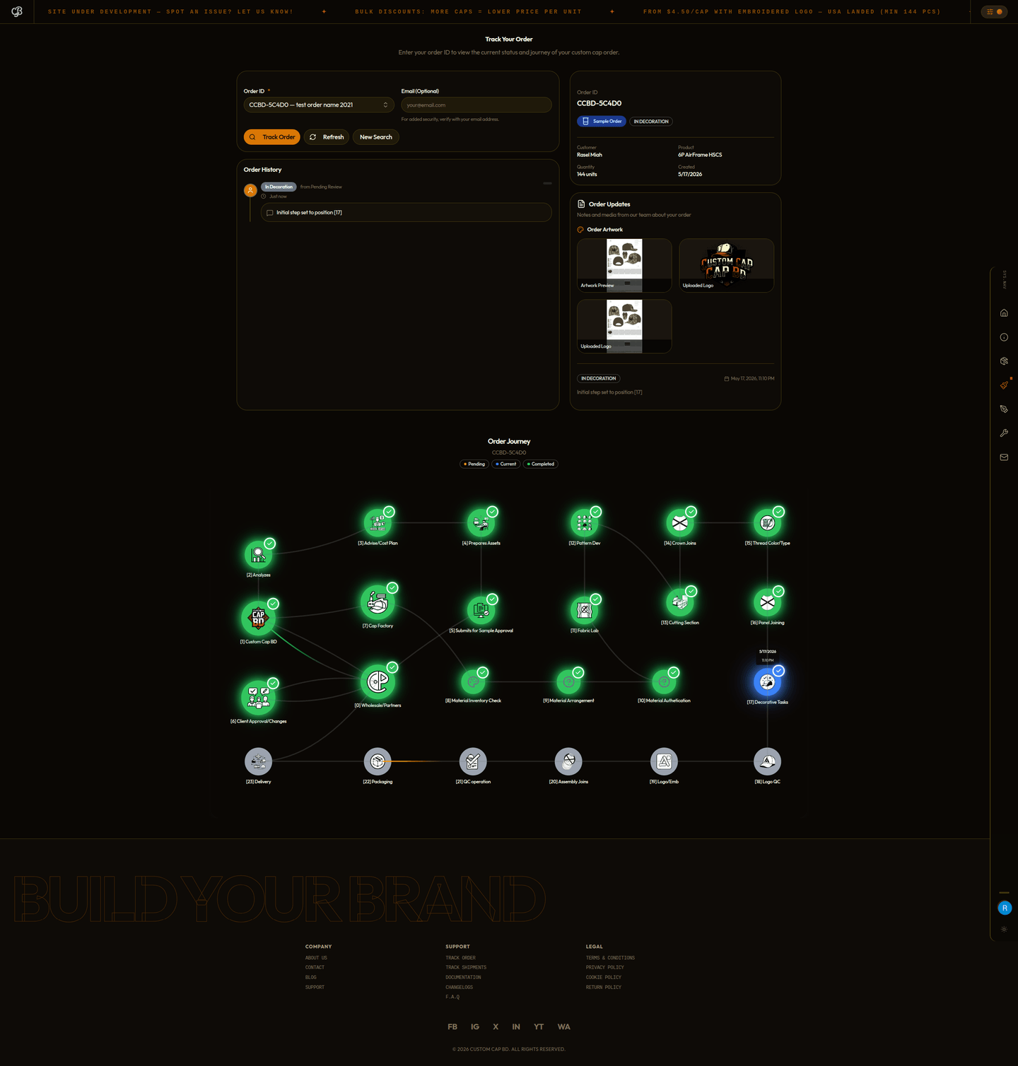 Custom Cap BD order tracking page with status, order files, and production journey