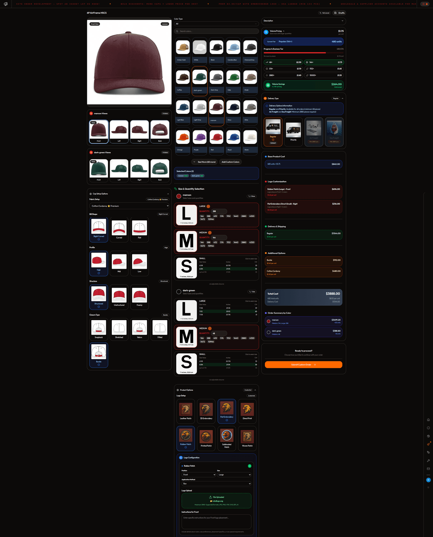 Custom Cap BD product page with cap views, colour choices, quantity tiers, and pricing