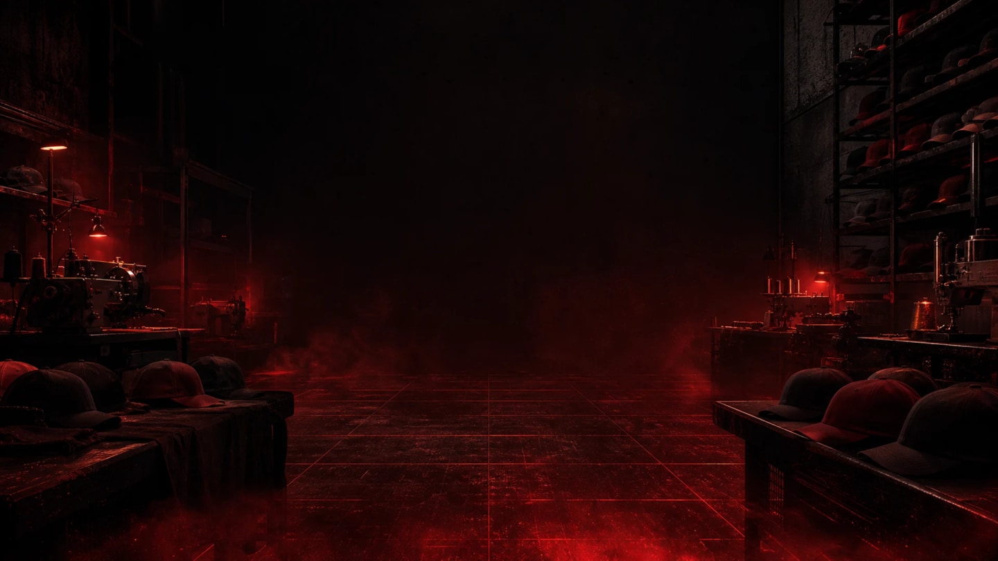 Red-lit custom cap factory visual used by Capparels