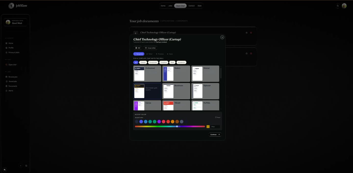 jobXlaw CV studio with Senior Data Analyst preset, template gallery (Terminal, Blueprint, Stack, Scholar, Thesis), accent colour picker and 4-step wizard.