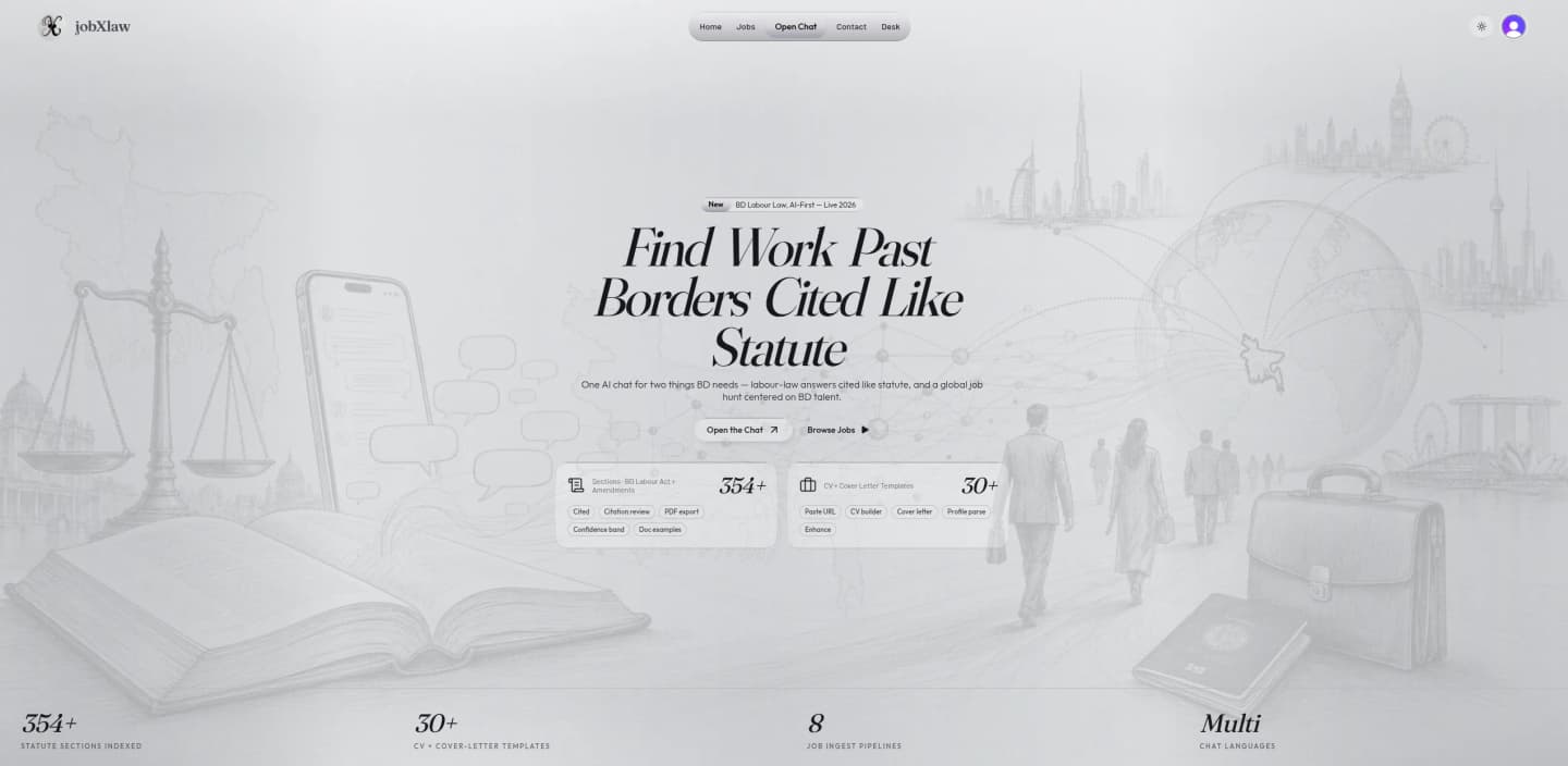 jobXlaw homepage hero — Find Work Past Borders Cited Like Statute, with stats for sections indexed and CV templates.