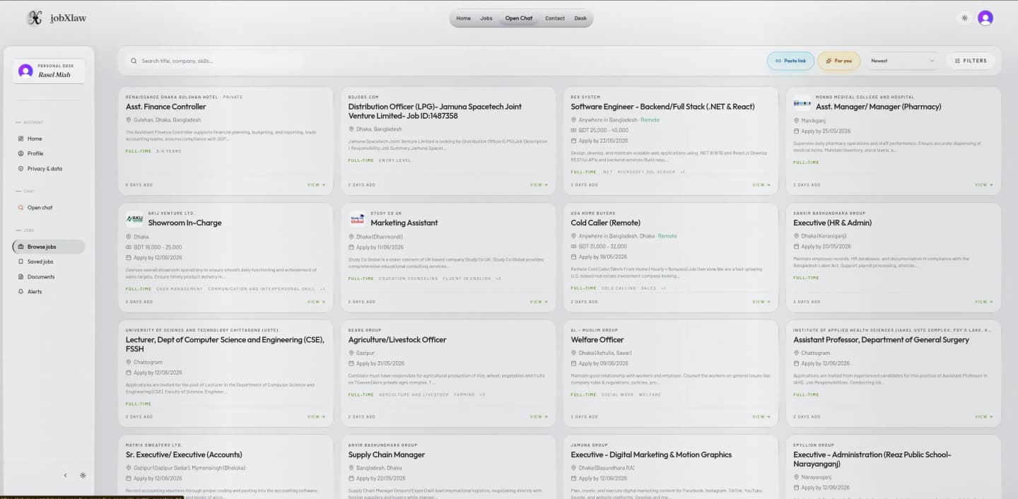 jobXlaw job market with BD and global postings, filters, “For you” ranking and source tags (BDJobs, LinkedIn-BD, user-submitted).