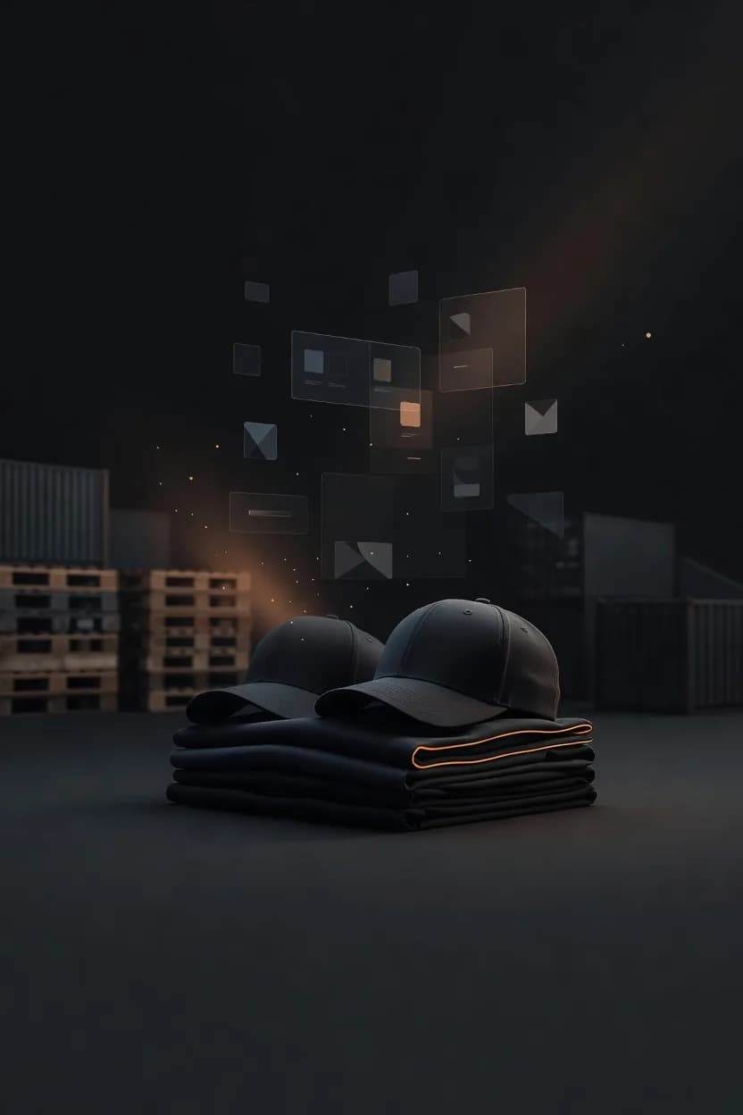 Custom caps and apparel with a product-configurator interface and supply-chain backdrop